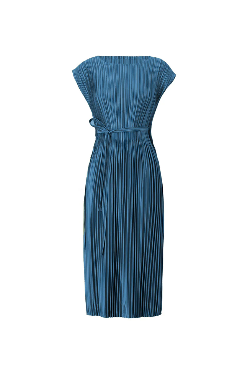 Designer Inspired Pleated Cap-Sleeve Dress with Belt - HBQMJX