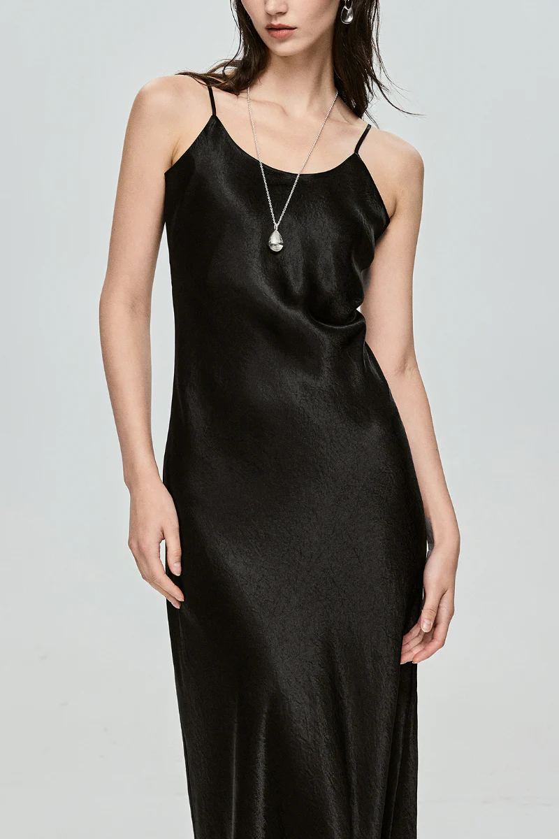 Black Bias Cut Satin Slip Midi Dress - HBQMJX