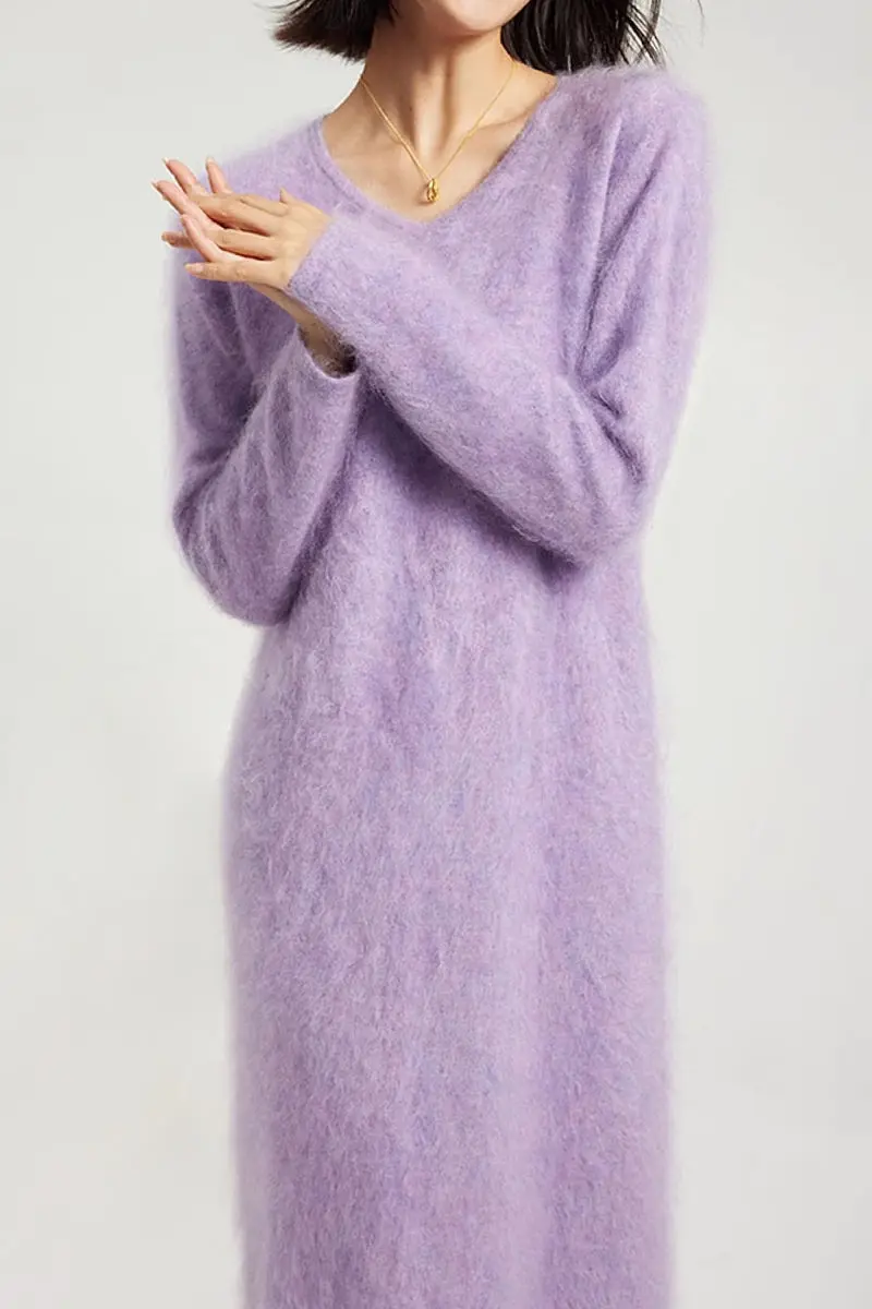 Classic Brushed Cashmere V-Neck Long Sleeve Sweater Dress - HBQMJX