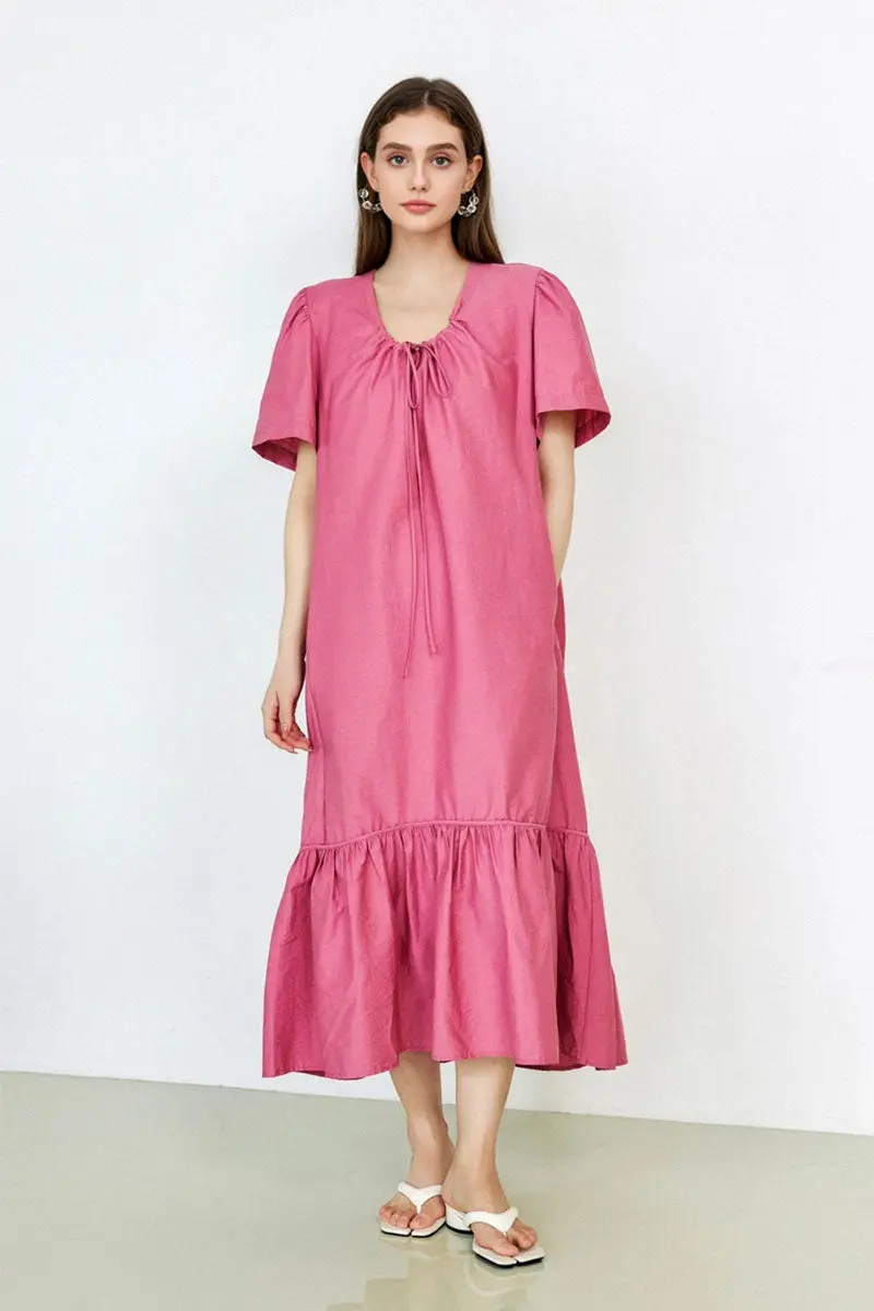 Pink Tiered Trapeze Tie-Neck Midi Dress - HBQMJX