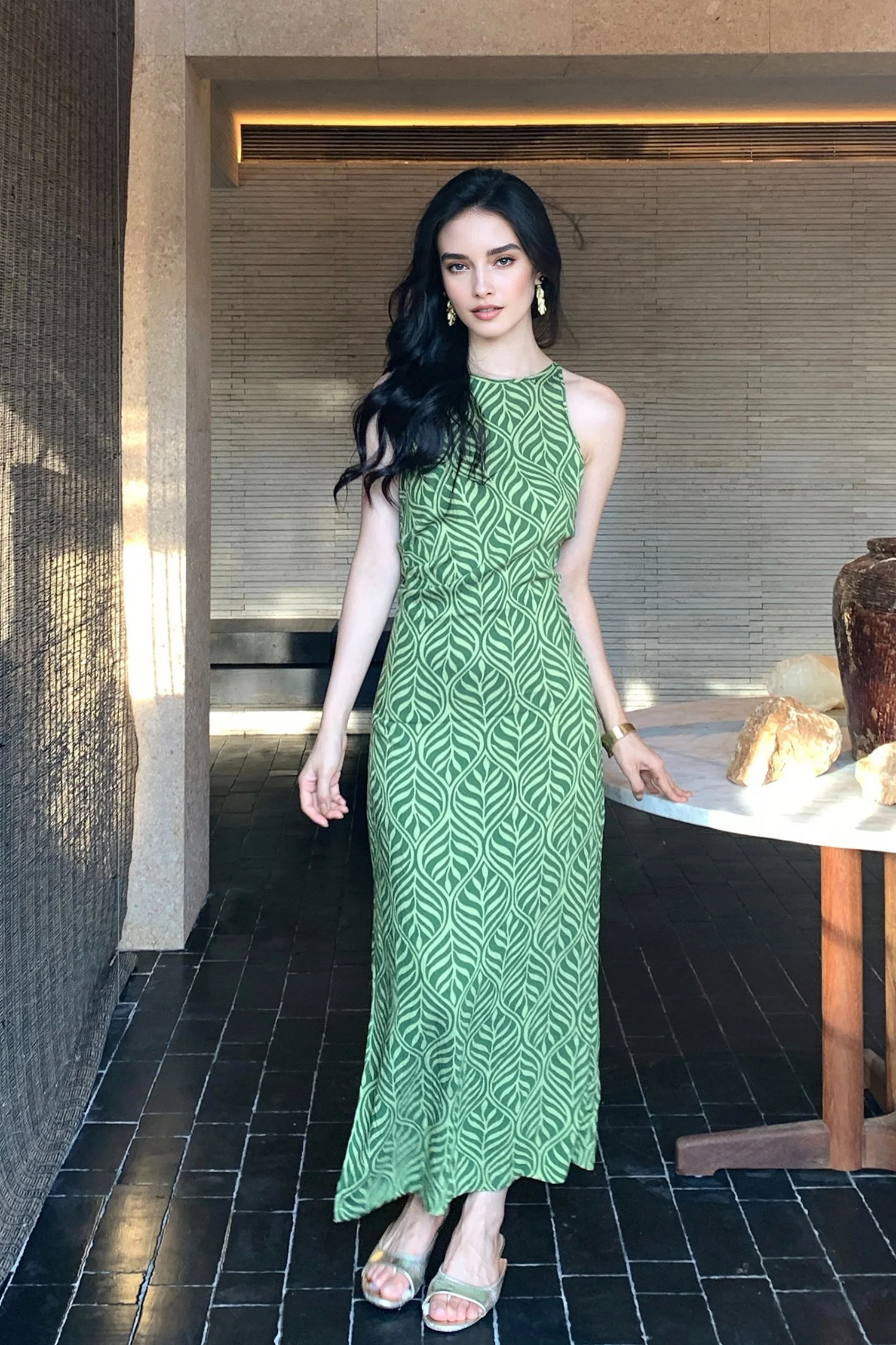 Green Paisley Print Sleeveless Maxi Dress - HBQMJX