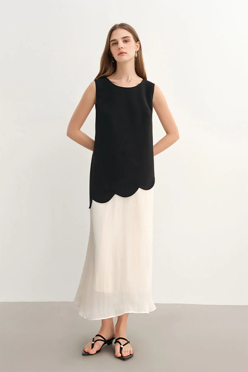 Black & White Sleeveless Mixed Media Midi Dress - HBQMJX