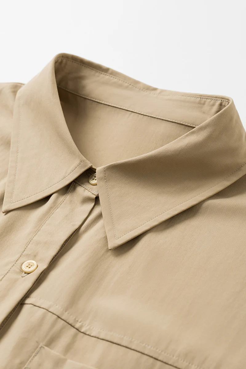 Khaki Cap-Sleeve Shirt Midi Dress With Belt - HBQMJX