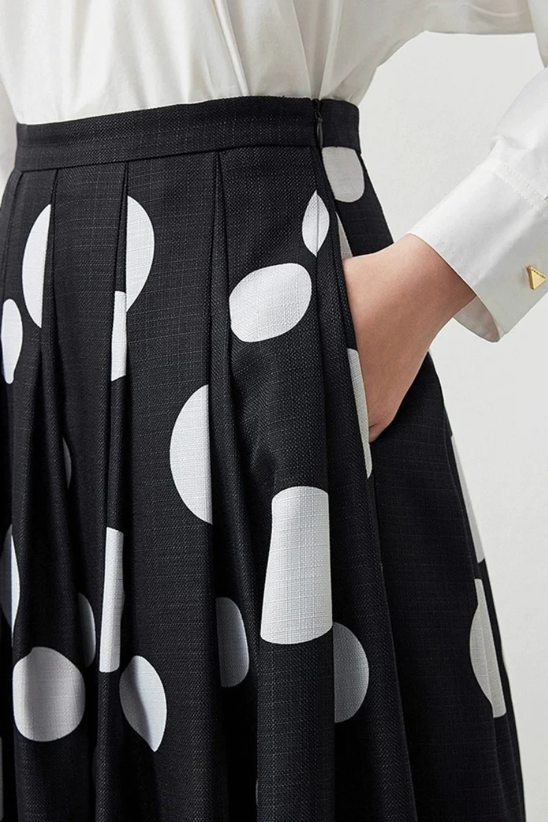 Black Pleated Polka Dot A-Line Midi Skirt with Pockets - HBQMJX