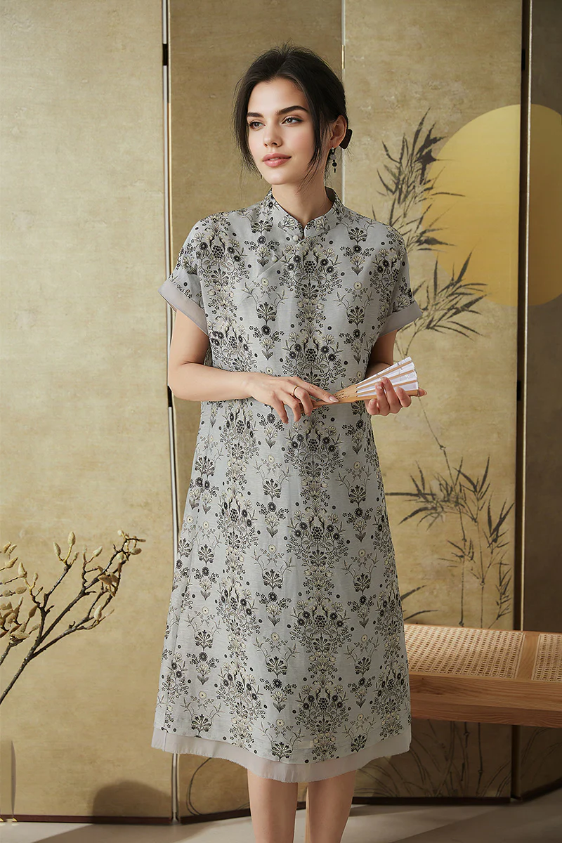 Qipao-Inspired Floral Midi Dress in Linen-Silk Blend - HBQMJX