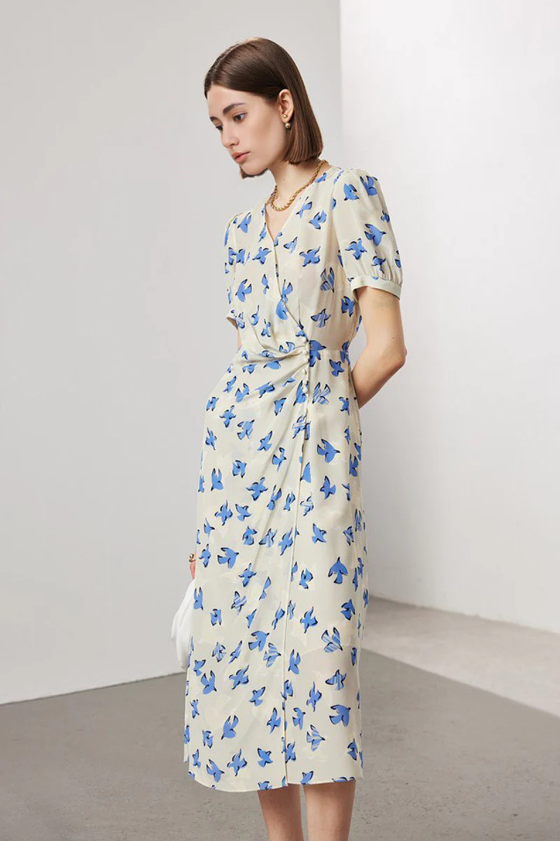 100 Mulberry Silk Floral Puff-Sleeve V-Neck Wrap Midi Dress - HBQMJX