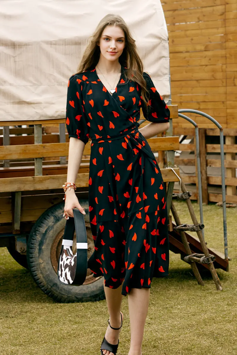 French-Inspired Silk Double Crepe Heart Wrap Midi Dress - HBQMJX