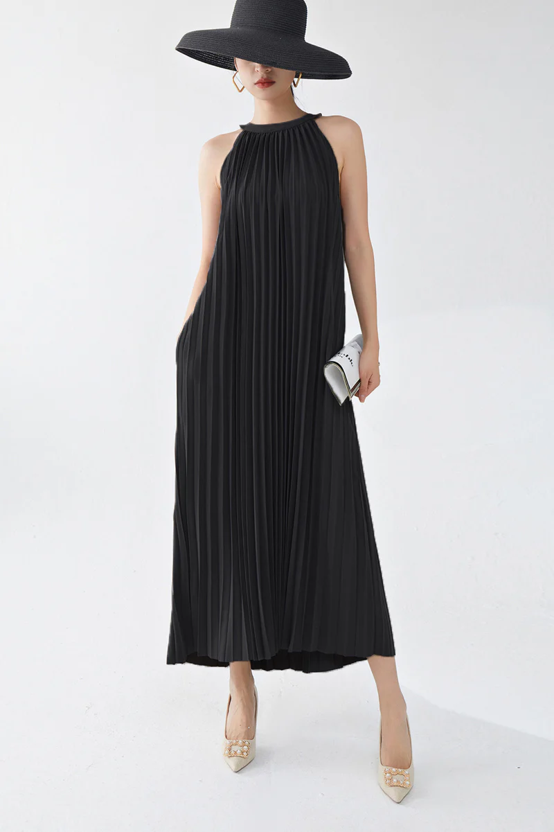 Designer Inspired Pleated Flowy Halter-Neck Midi Dress in Black - HBQMJX