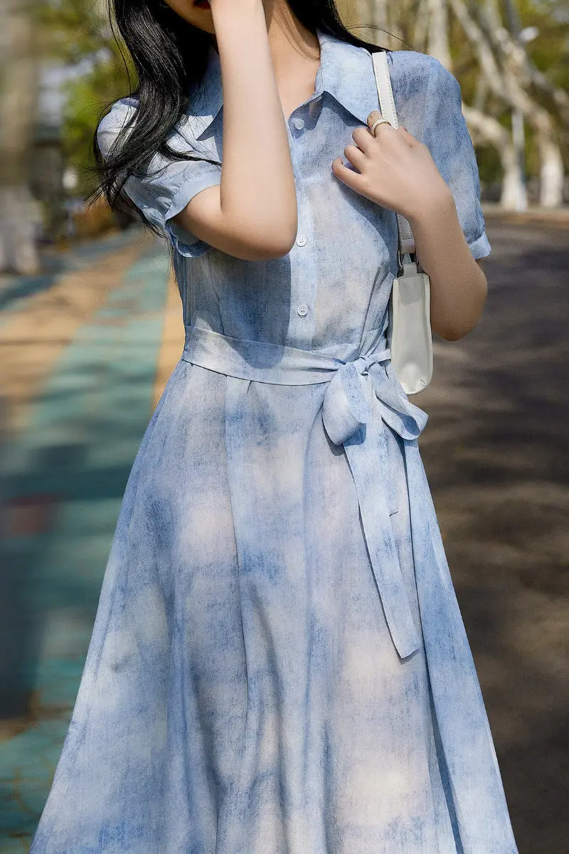 100 Mulberry Silk Blue Tie Dye Shirt Midi Dress - HBQMJX