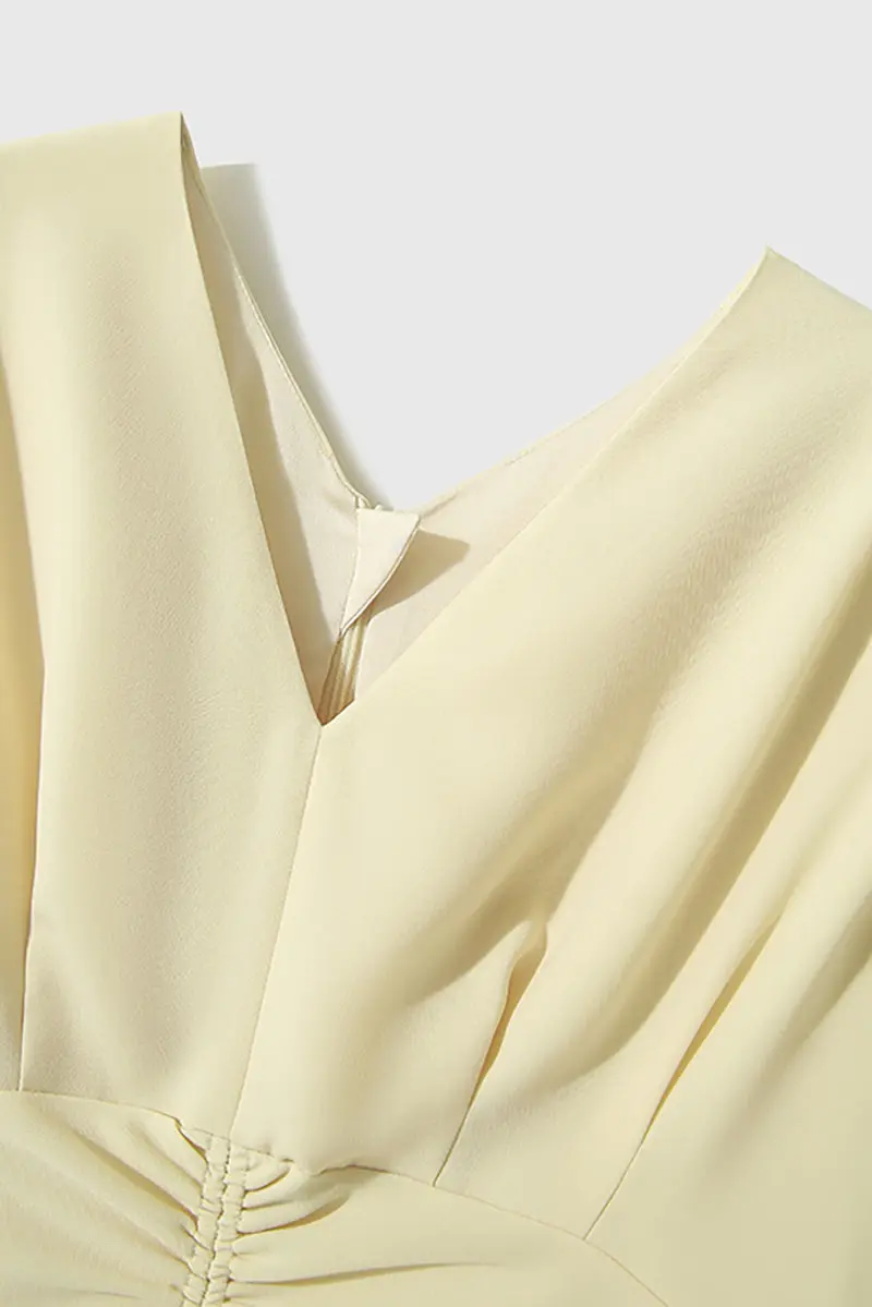 Yellow Triacetate V-Neck Gathered Waist Midi Dress - HBQMJX