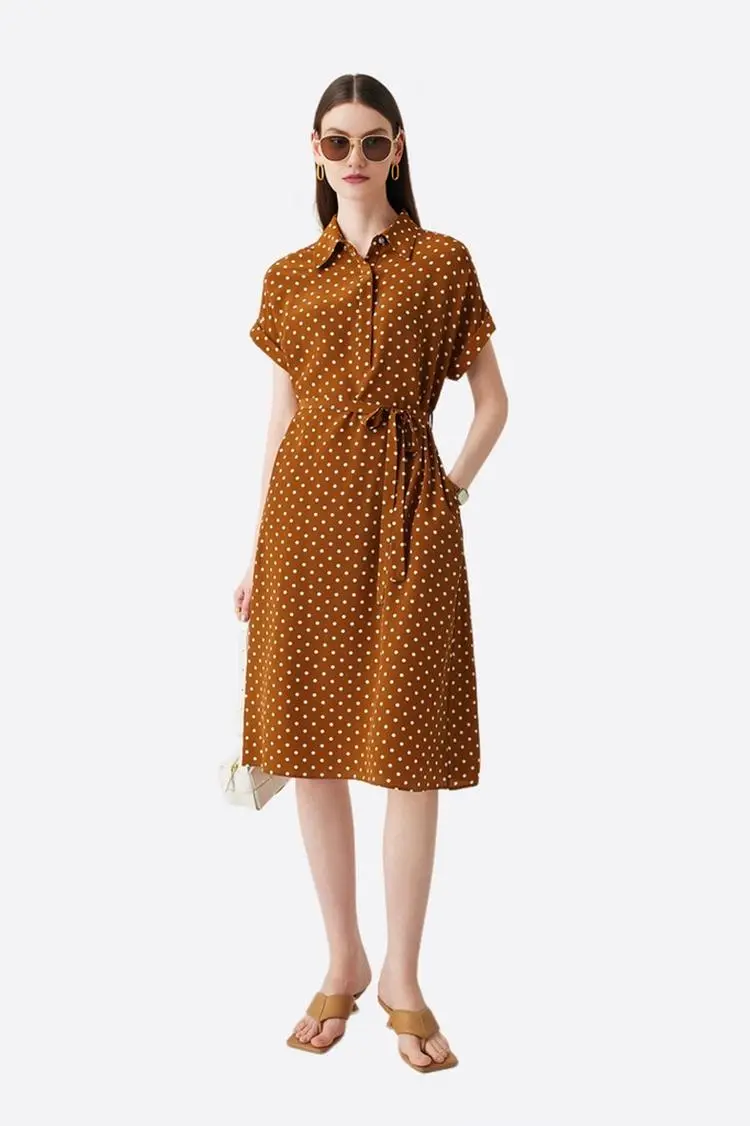 Women's Heavyweight Mulberry Silk Polka Dot Printed Silk Long Dress - HBQMJX