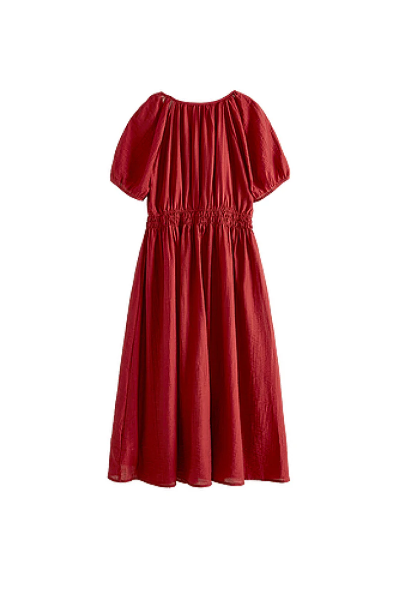 Red Beaded Puff-Sleeve A-Line Midi Dress - HBQMJX