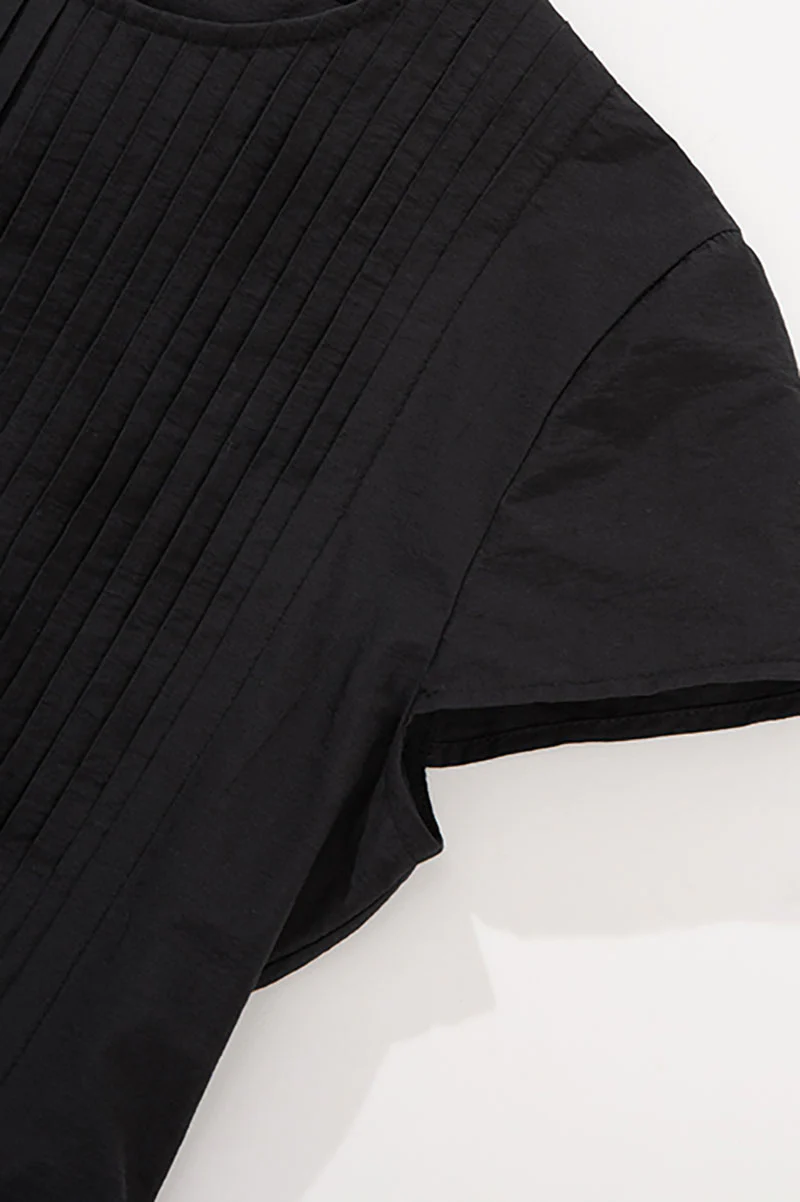 Black Long-Staple Cotton Midi Dress with Front Pleat - HBQMJX