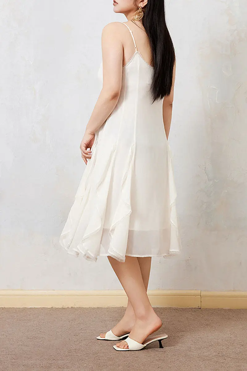 White Chiffon Spaghetti-Strap Ruffled Midi Dress with Lace Trim - HBQMJX