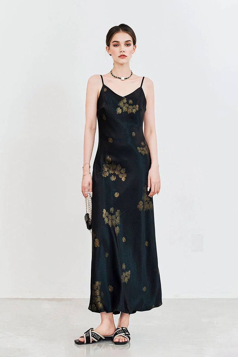Satin Floral V-Neck Maxi Slip Dress - HBQMJX