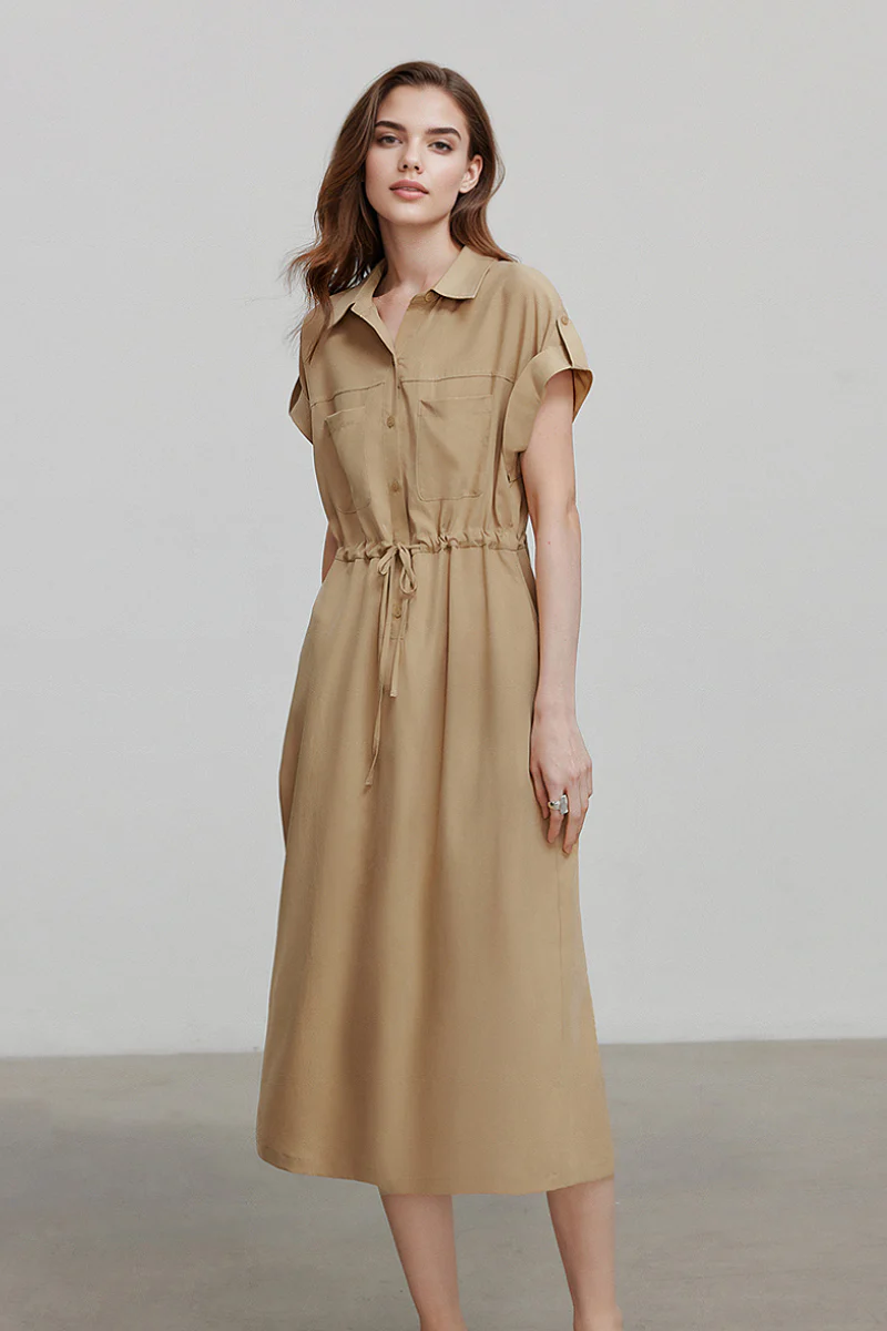 Khaki Cap-Sleeve Shirt Midi Dress With Belt - HBQMJX
