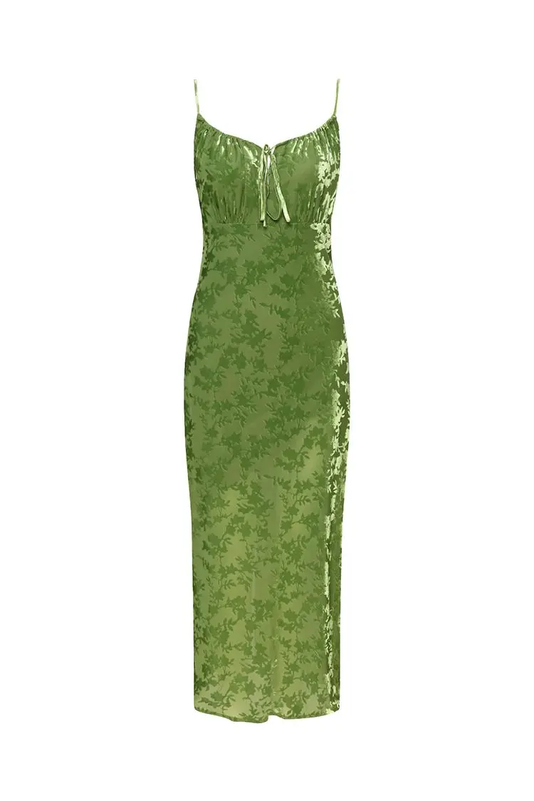 Green Velvet Floral Ruched Slip Midi Dress - HBQMJX
