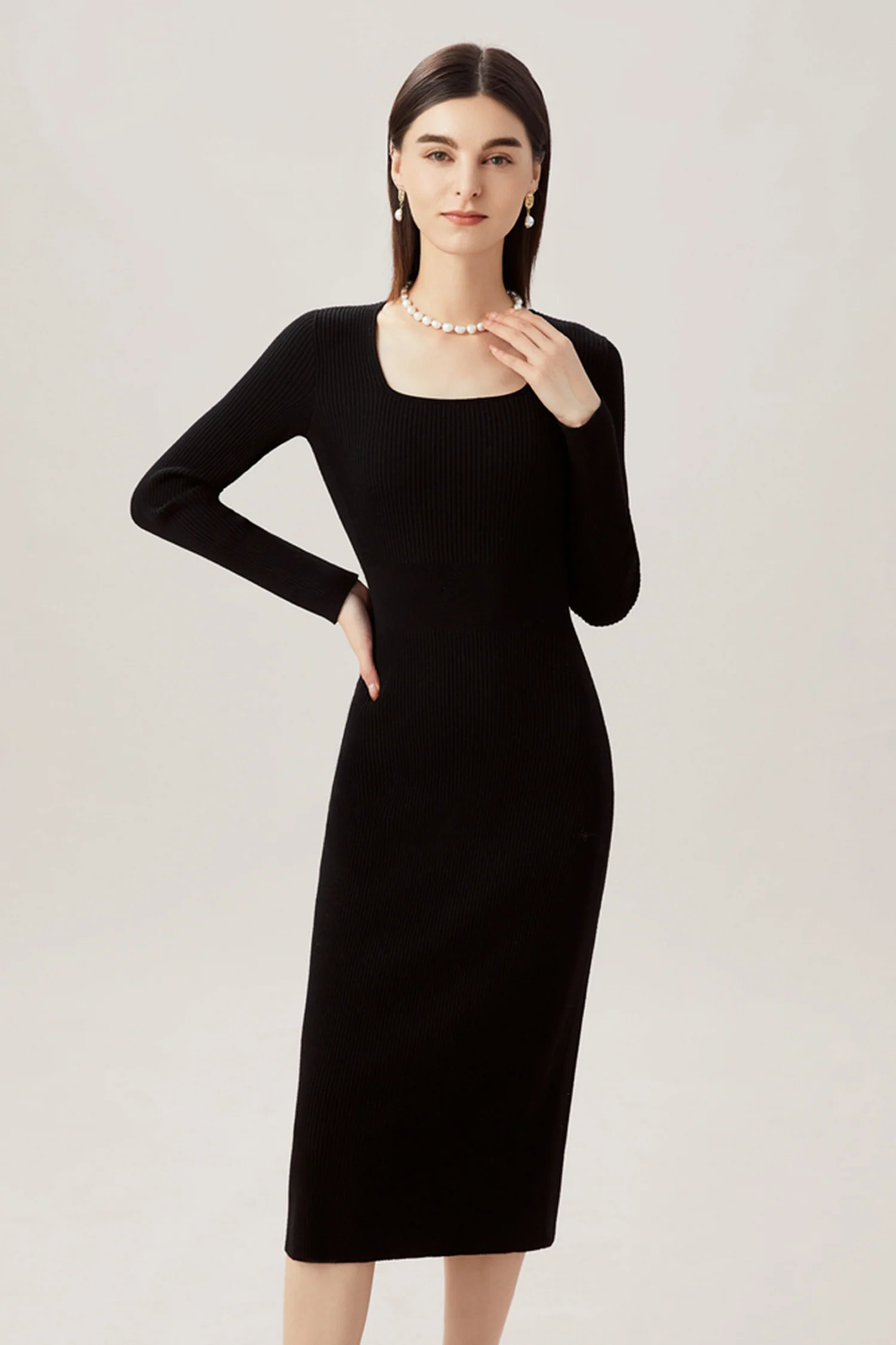 100% Merino Wool Long Sleeve Square-Neck Midi Sweater Dress - HBQMJX