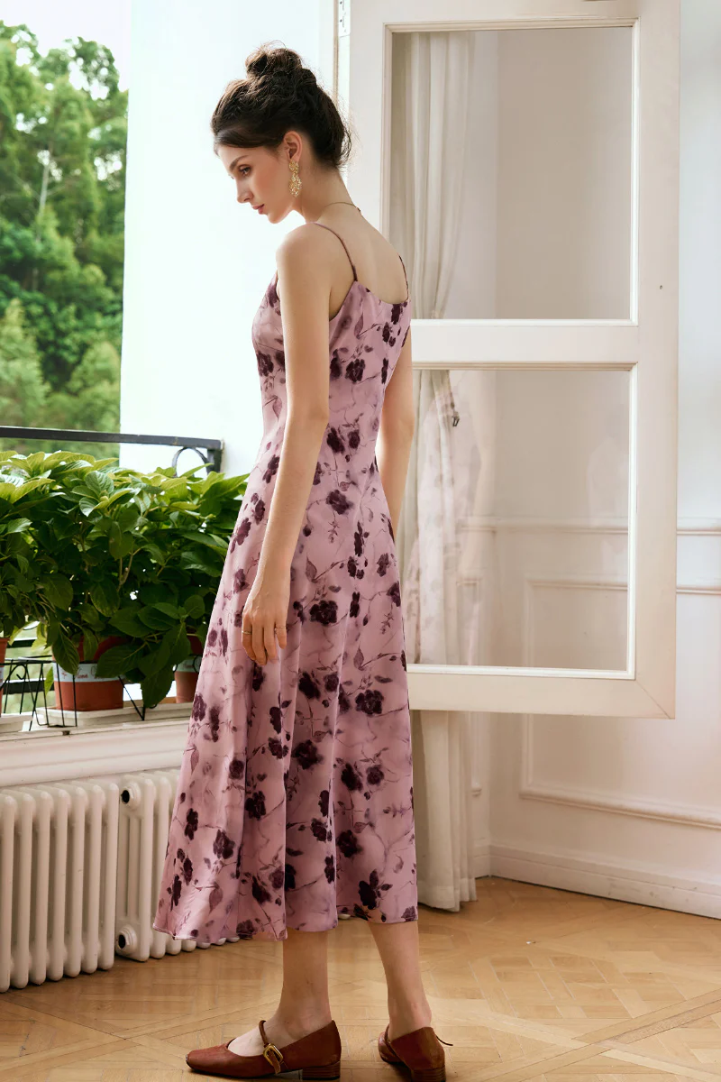 Pink Floral Satin Slip Midi Dress - HBQMJX
