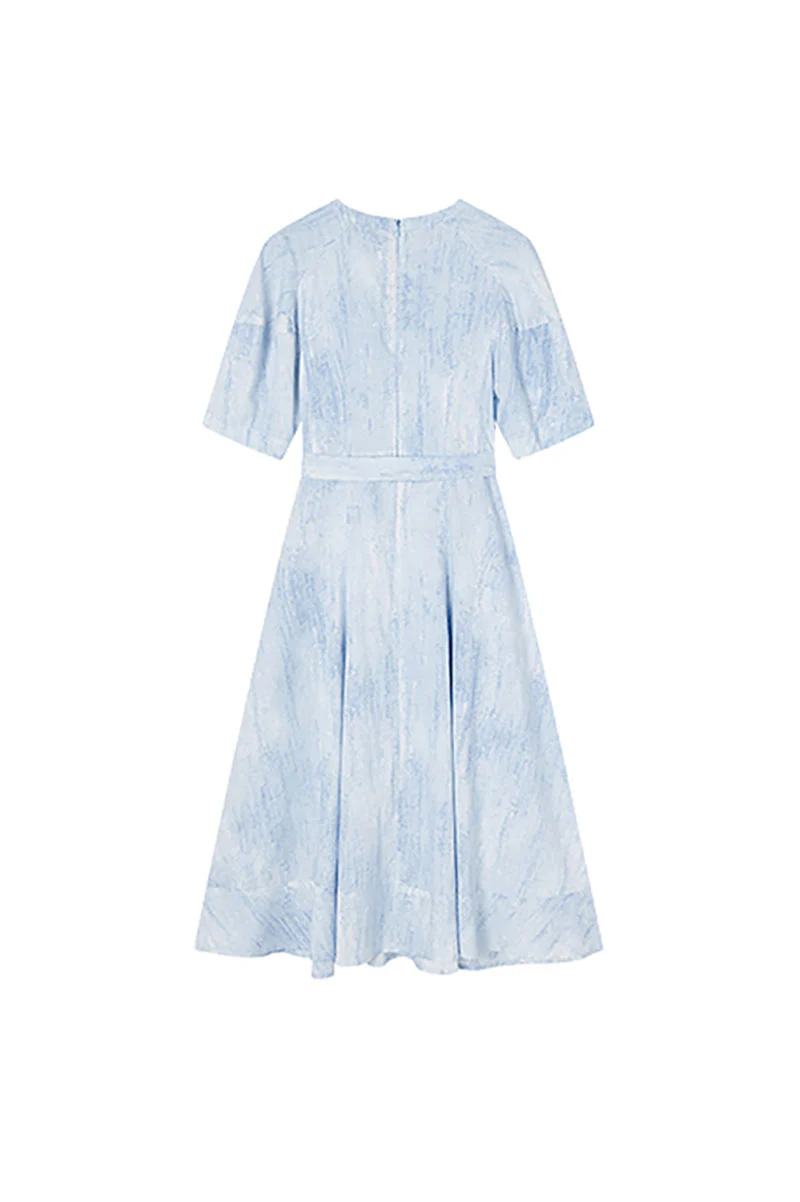 Blue Puff-Sleeve Flare Midi Dress with Belt - HBQMJX