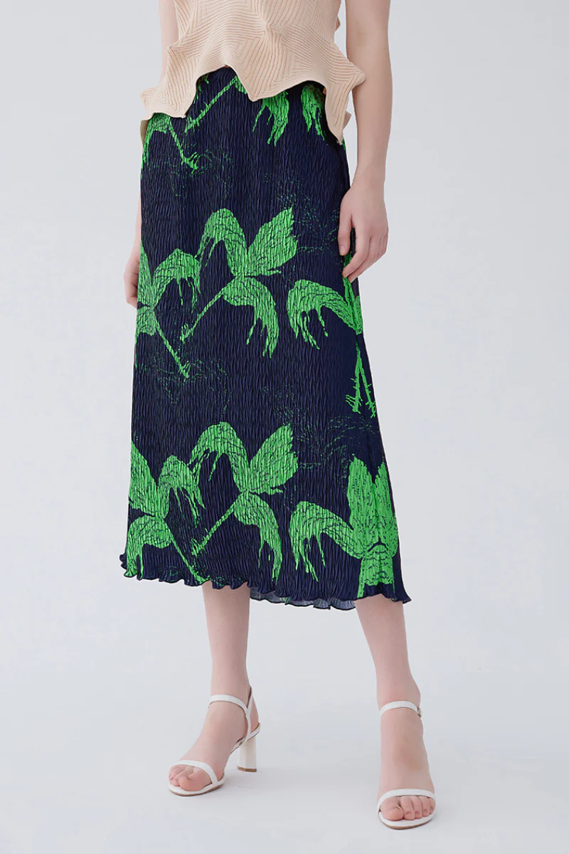 Designer Inspired Pleated Leaf Print Straight Midi Skirt - HBQMJX