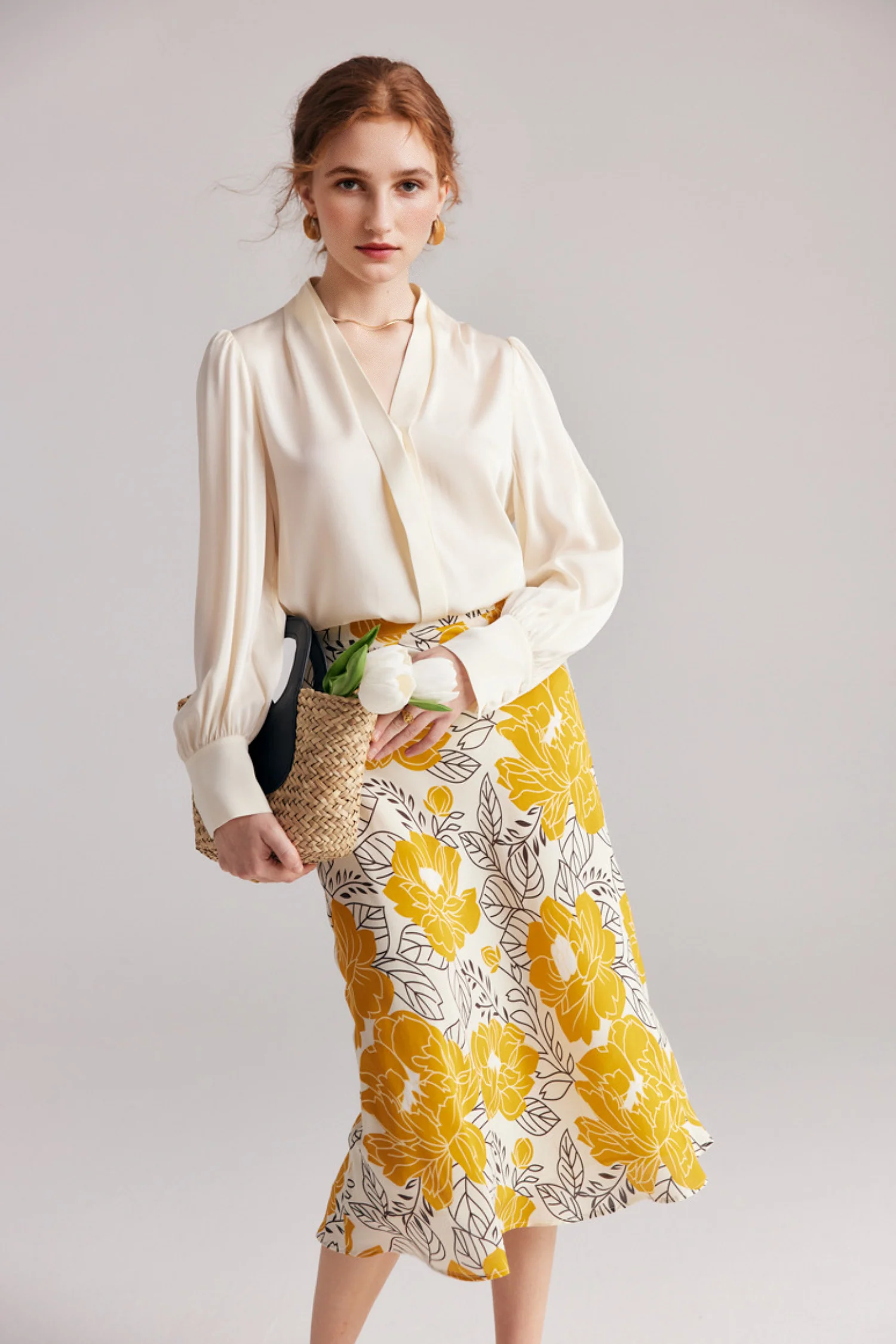 High Waisted A-Line Silk Floral Midi Skirt - HBQMJX