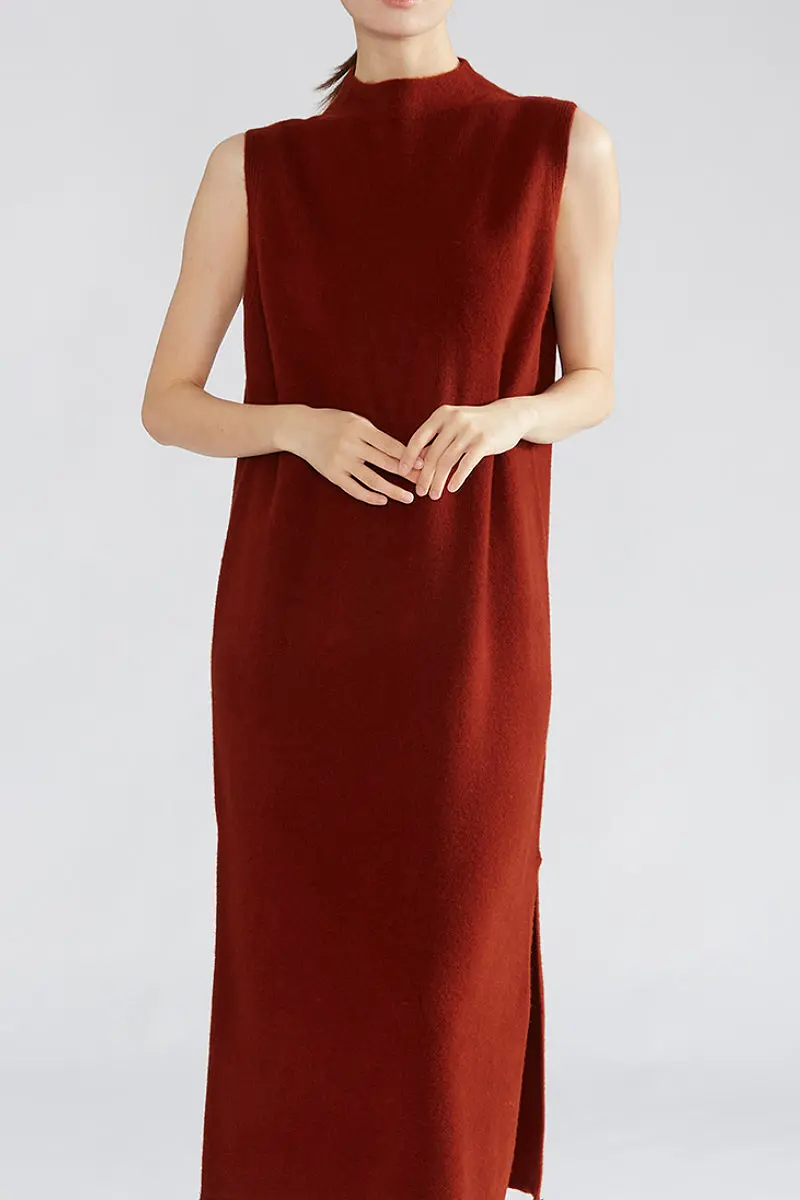 100 Wool Seamless Knit Sleeveless Midi Sweater Dress with Side Slit - HBQMJX