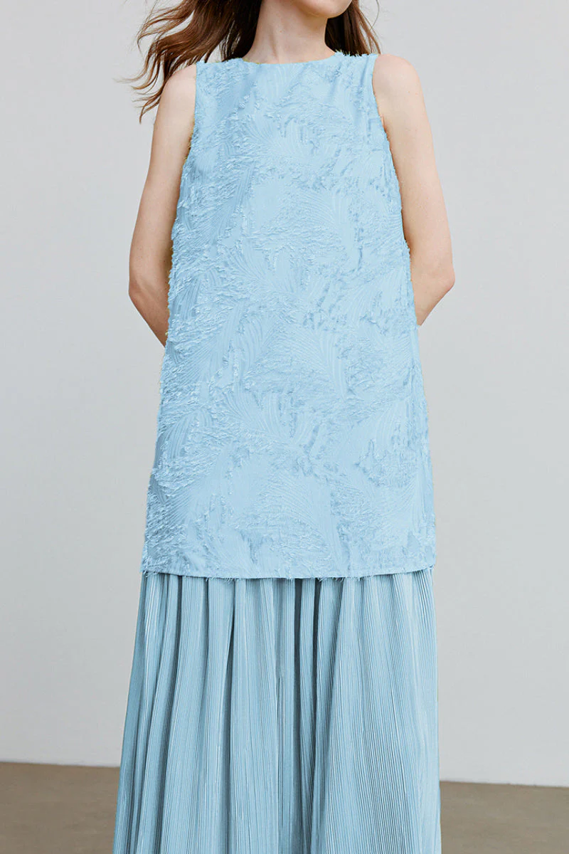 Blue Frayed Jacquard Pleated Mixed-Media Midi Dress - HBQMJX
