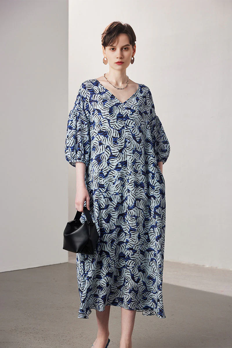 100 Mulberry Silk Leaf Print Balloon-Sleeve V-Neck Midi Dress with Tie Waist - HBQMJX