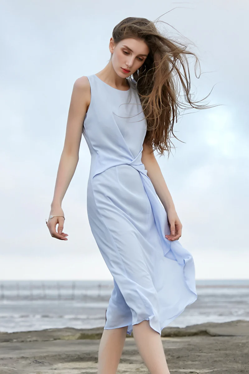 Light Blue Sleeveless Draped Midi Dress - HBQMJX