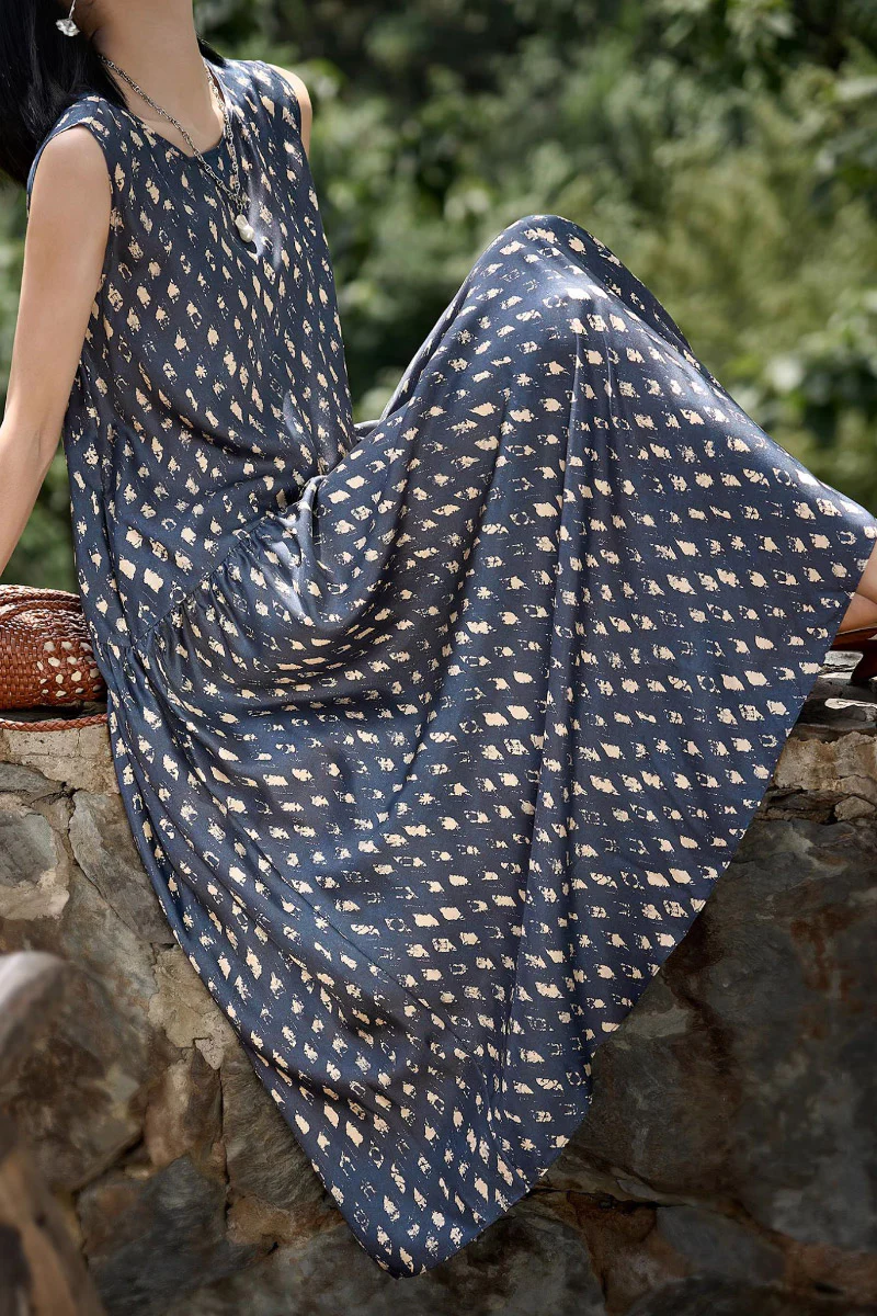 100% Silk Twill Printed Trapeze Midi Dress - HBQMJX