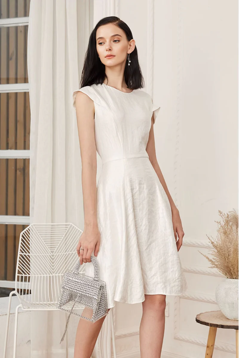 White Asymmetrical Sleeve Midi Graduation Dress - HBQMJX
