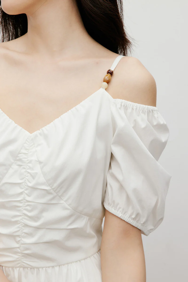 White V-Neck Beaded Strap Midi Dress - HBQMJX