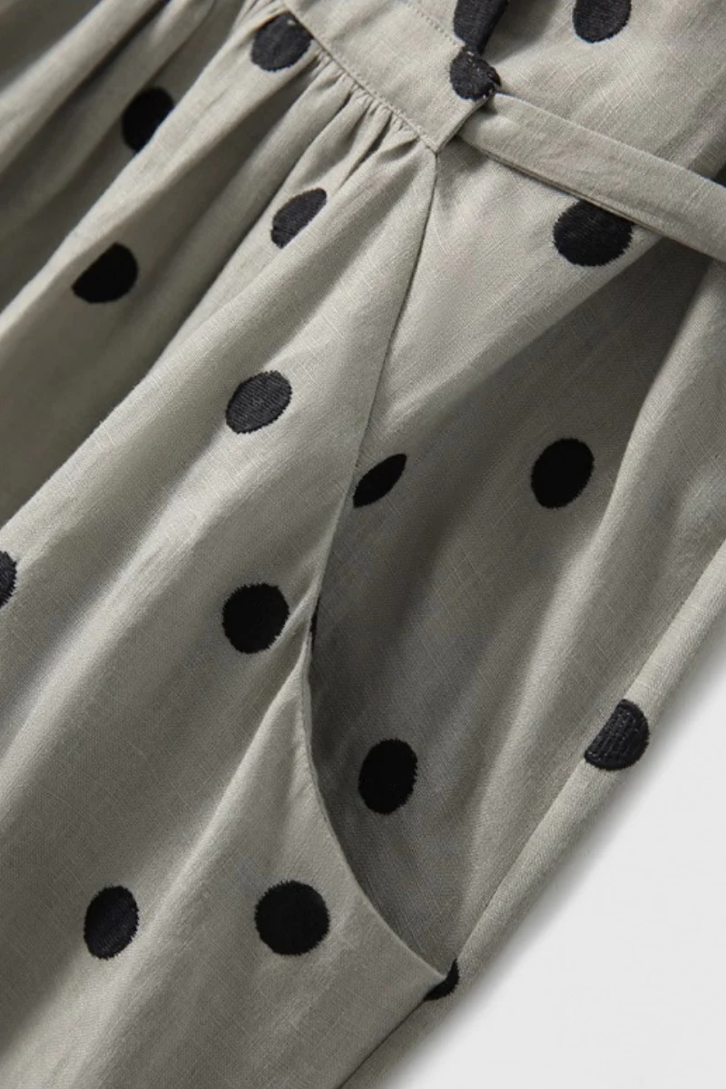 100% Ramie Polka Dot V-Neck Midi Dress - HBQMJX