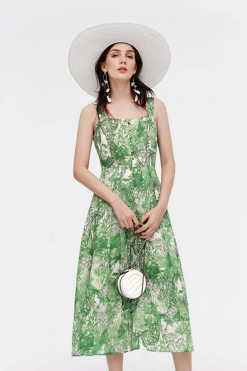 Green Floral Square-Neck Sleeveless Midi Dress - HBQMJX