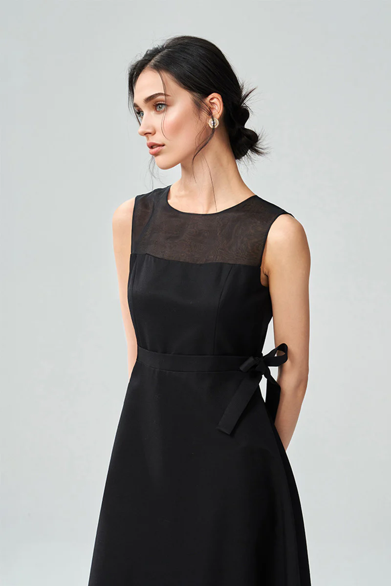 Black Sleeveless A-Line Organza Midi Dress with Bow - HBQMJX