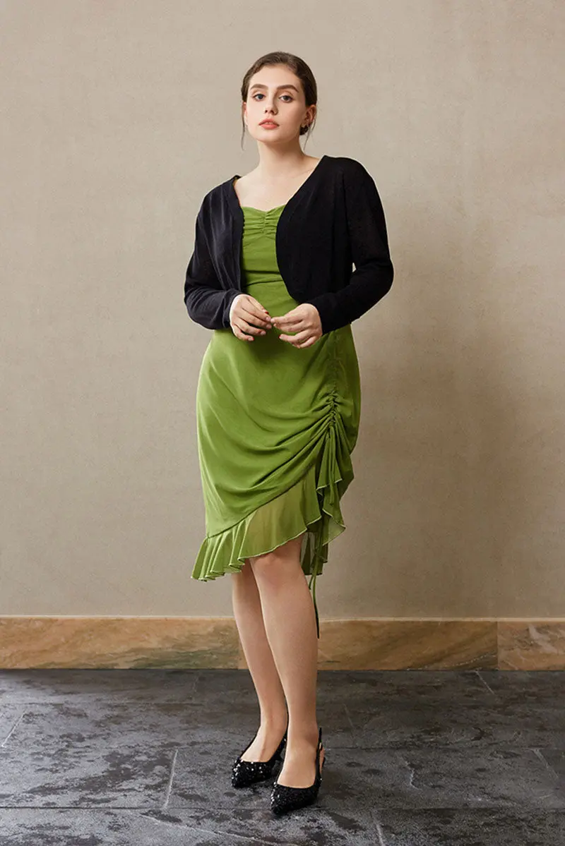 Ruched Mesh Drawstring Midi Dress in Olive Green - HBQMJX