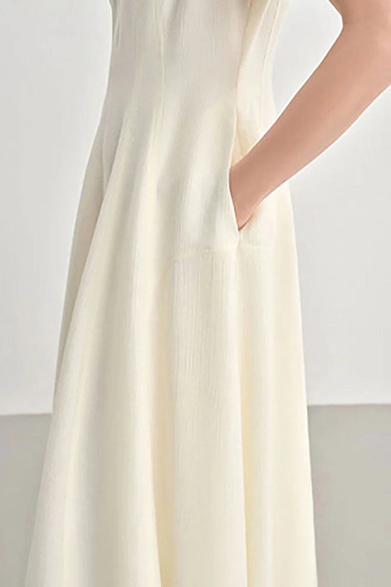 White Short-Sleeve A-Line Midi Dress - HBQMJX