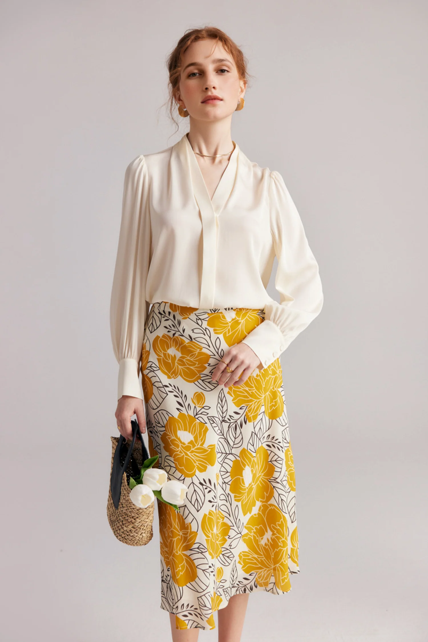 High Waisted A-Line Silk Floral Midi Skirt - HBQMJX