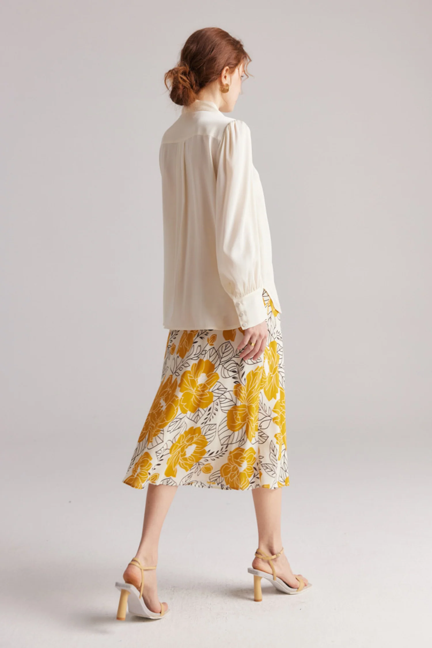 High Waisted A-Line Silk Floral Midi Skirt - HBQMJX