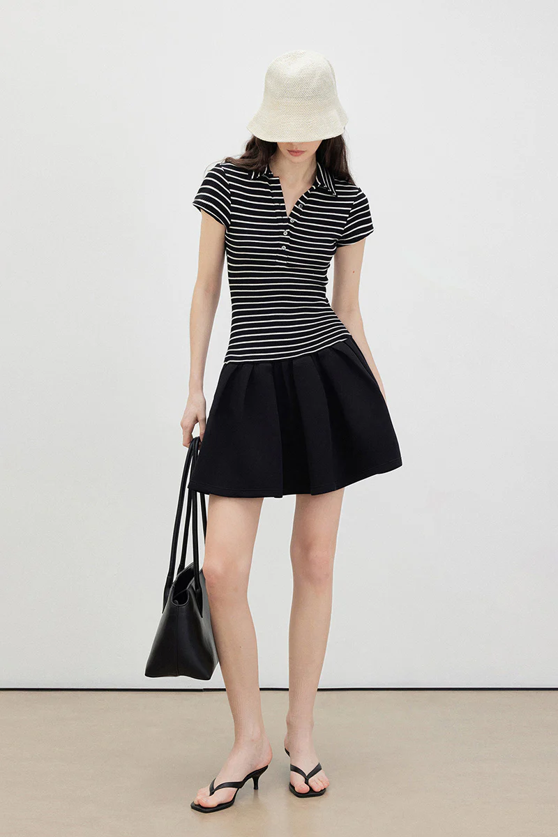 Black Polo-Neck Short-Sleeve Mini Dress in Stripe - HBQMJX