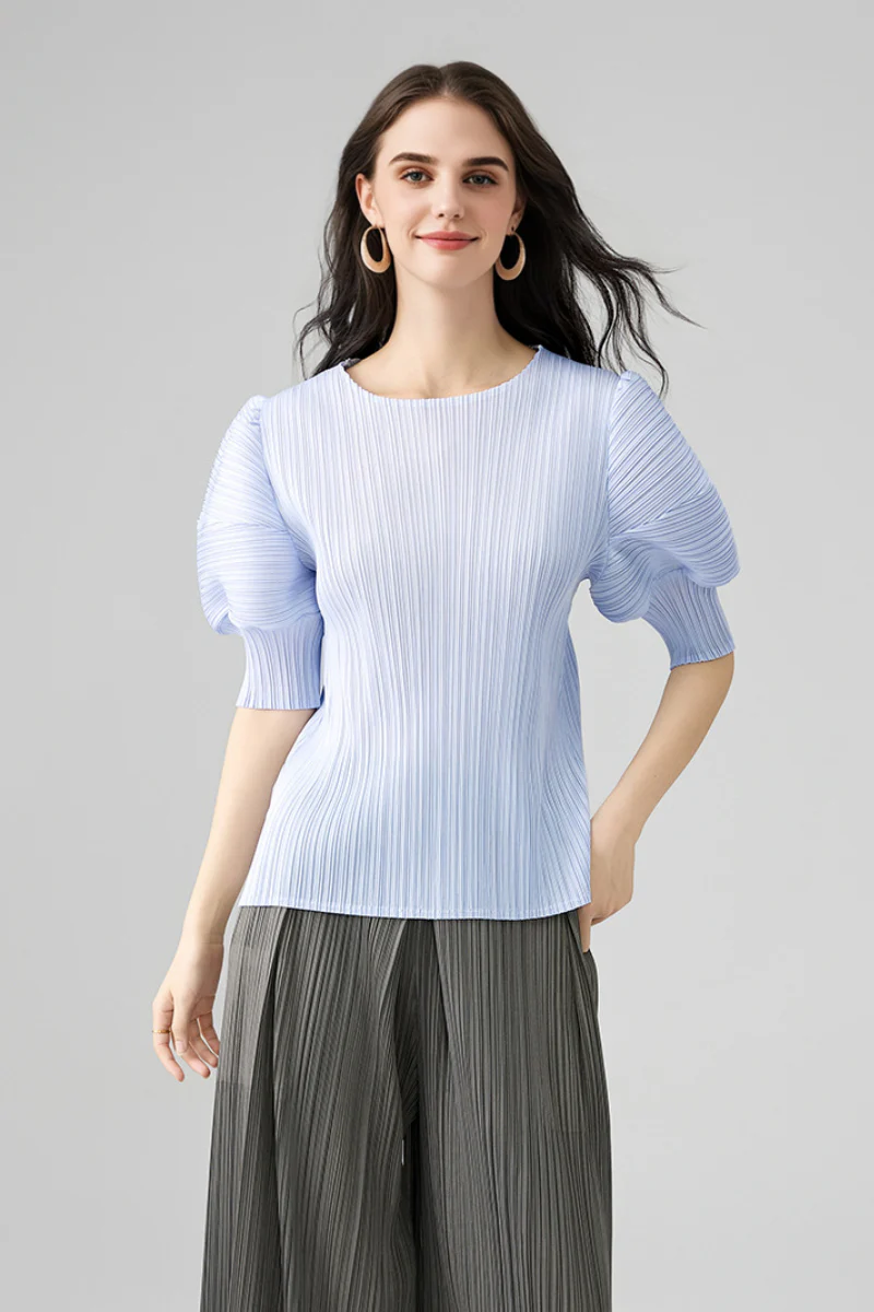 Designer Inspired Pleated Puff-Sleeve Top - HBQMJX