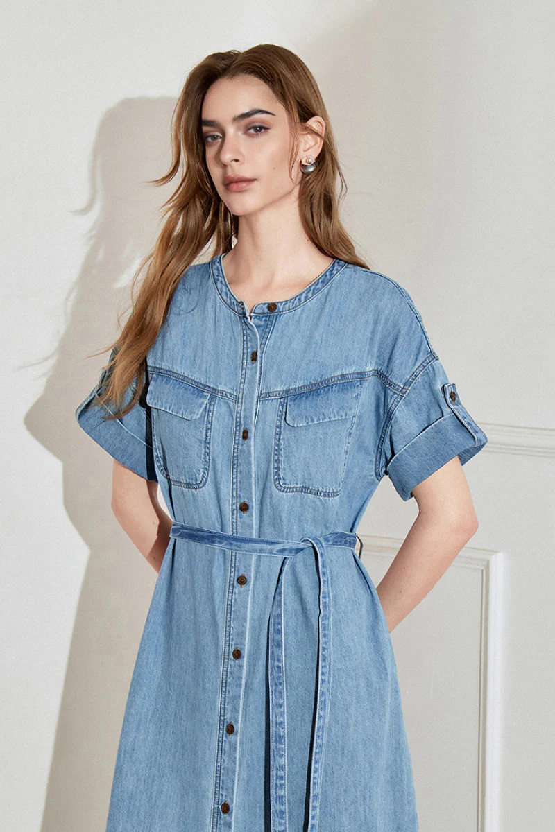 Denim Short-Sleeve Button-Up Belted Midi Shirt Dress with Back Slit - HBQMJX