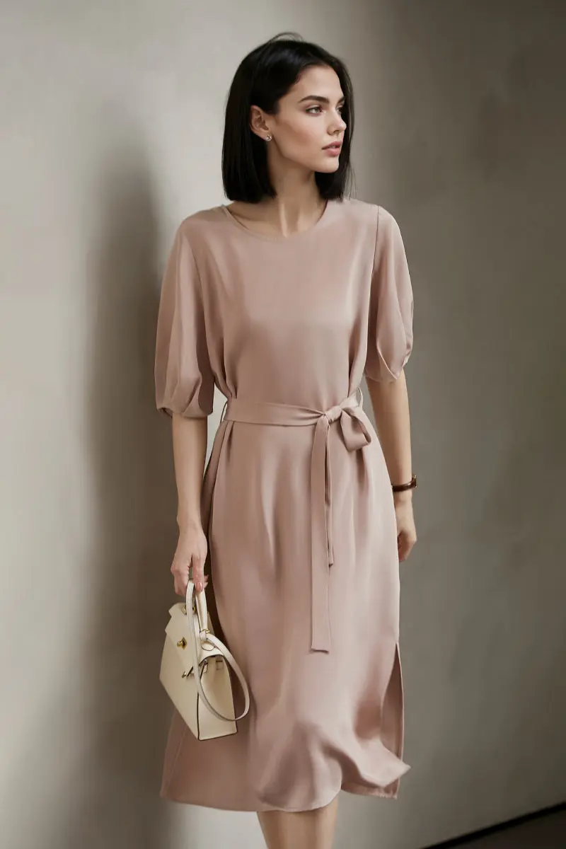 Pink 30MM Silk Crepe Belted Midi Dress - HBQMJX