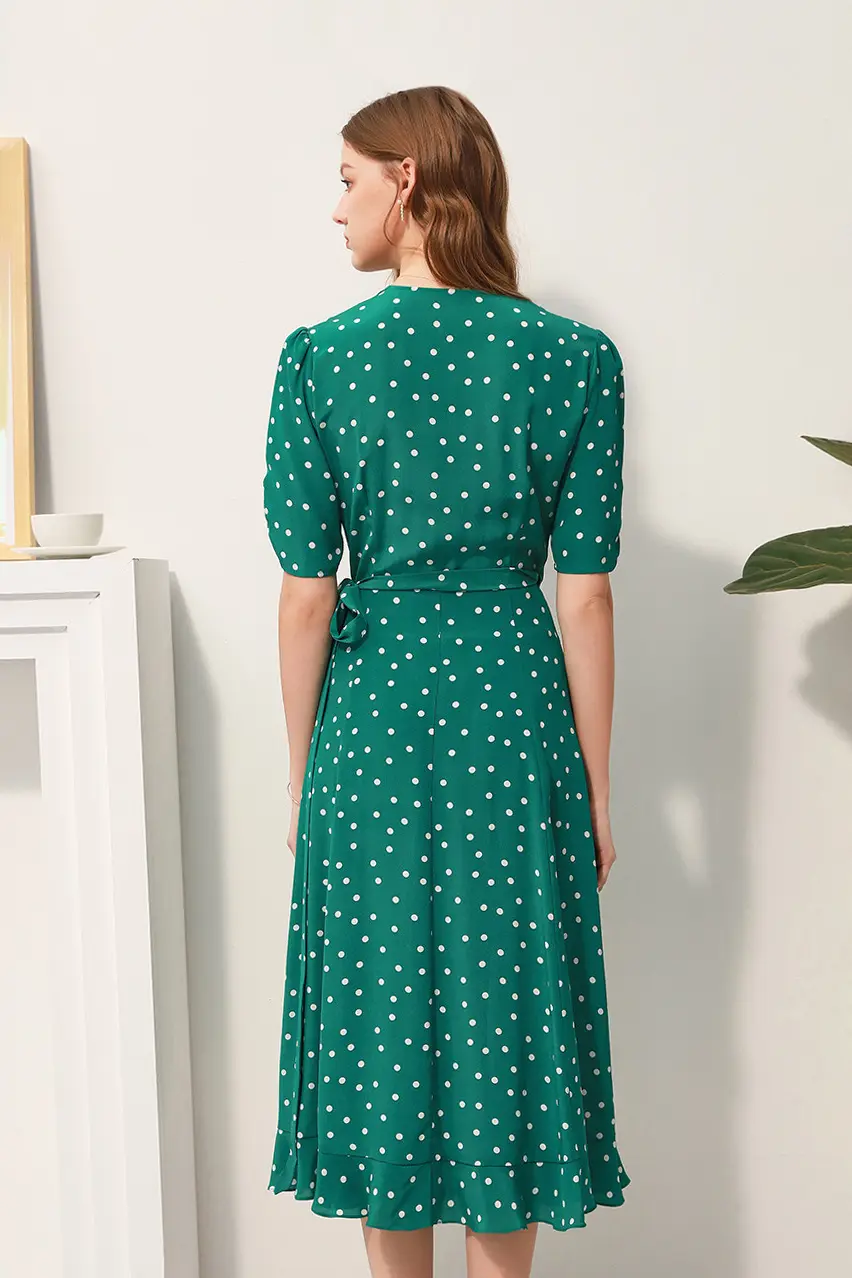 V-Neck Polka Dot Silk Midi Dress - HBQMJX