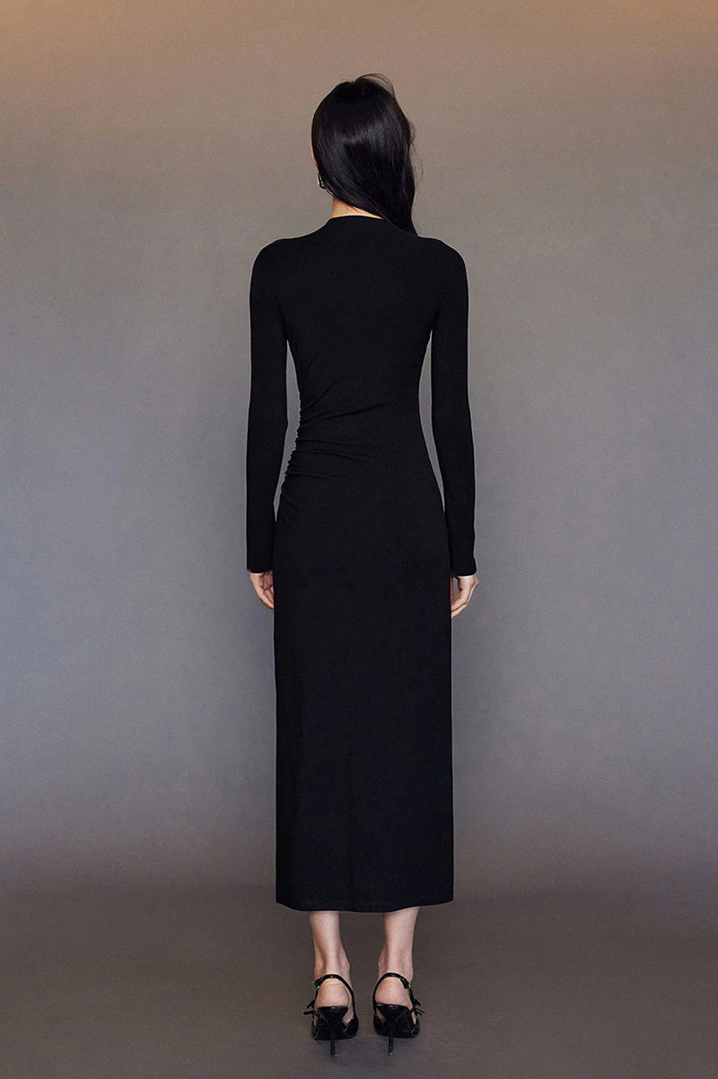 Black Bodycon Maxi Dress with Mesh Sleeve - HBQMJX