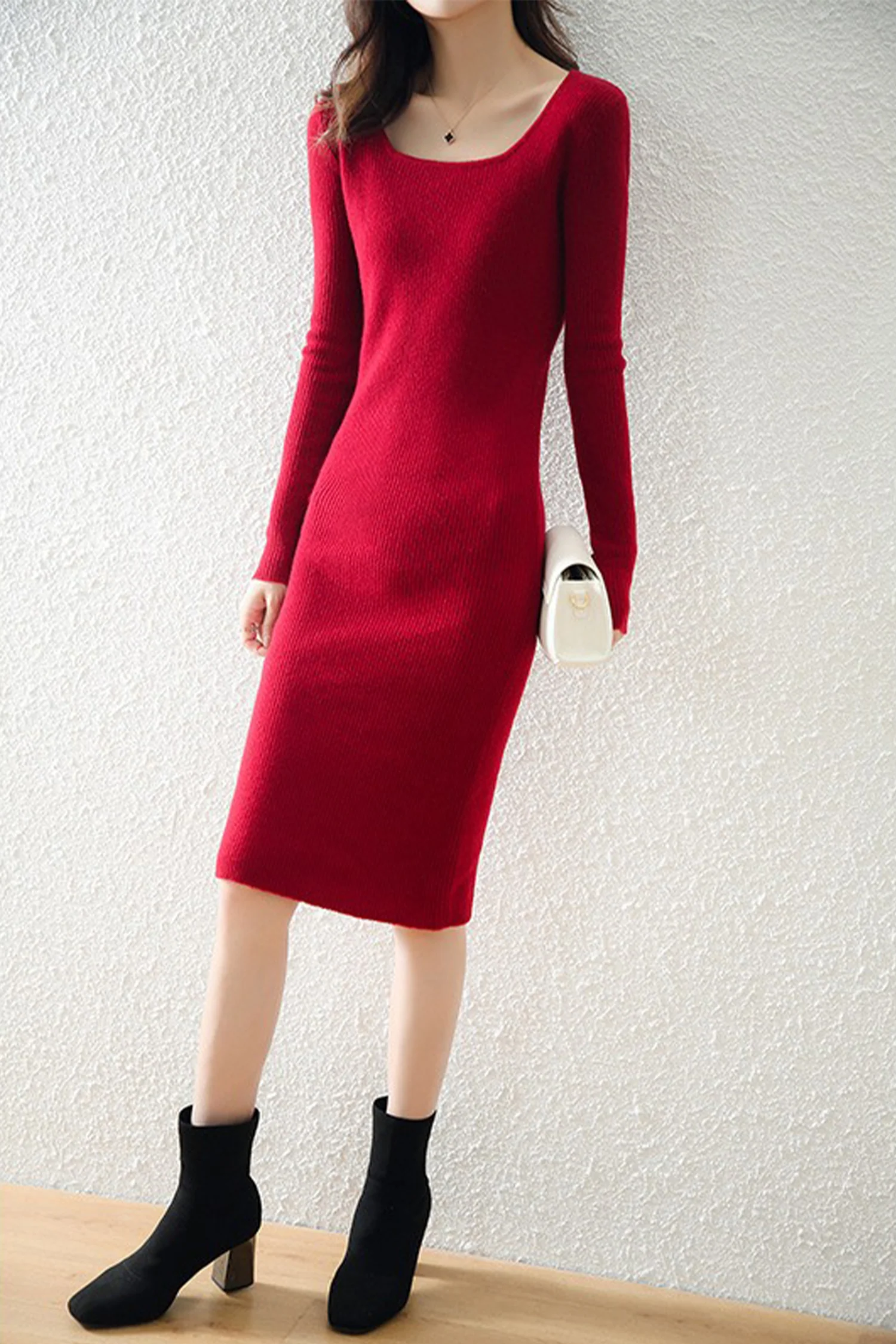 100% Merino Wool Long Sleeve Square-Neck Midi Sweater Dress - HBQMJX