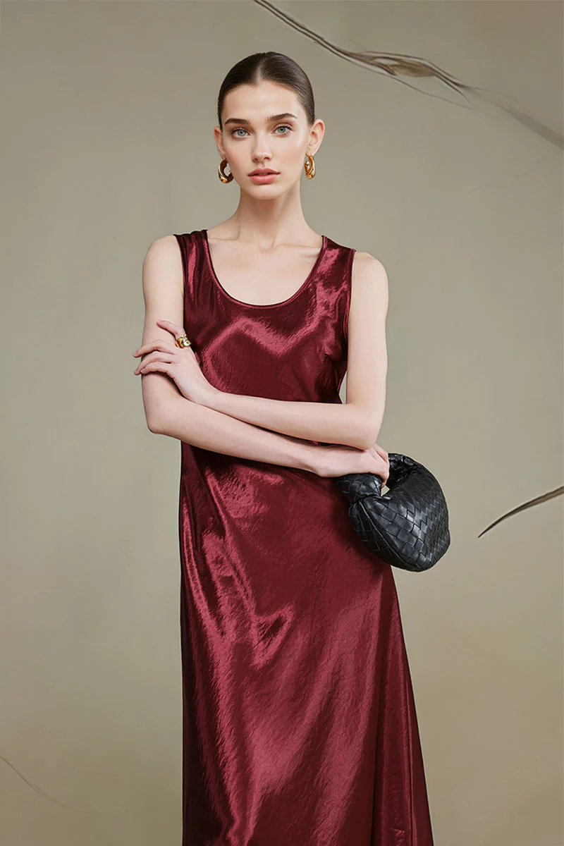 Satin Sleeveless Scoop-Neck Tank Midi Dress - HBQMJX