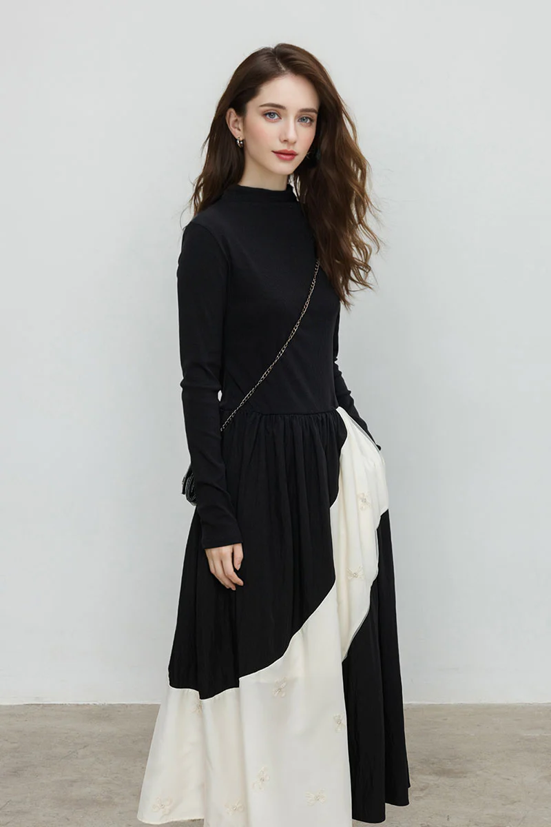 Fit & Flare Long-Sleeve Midi Dress with Lace Patchwork - HBQMJX