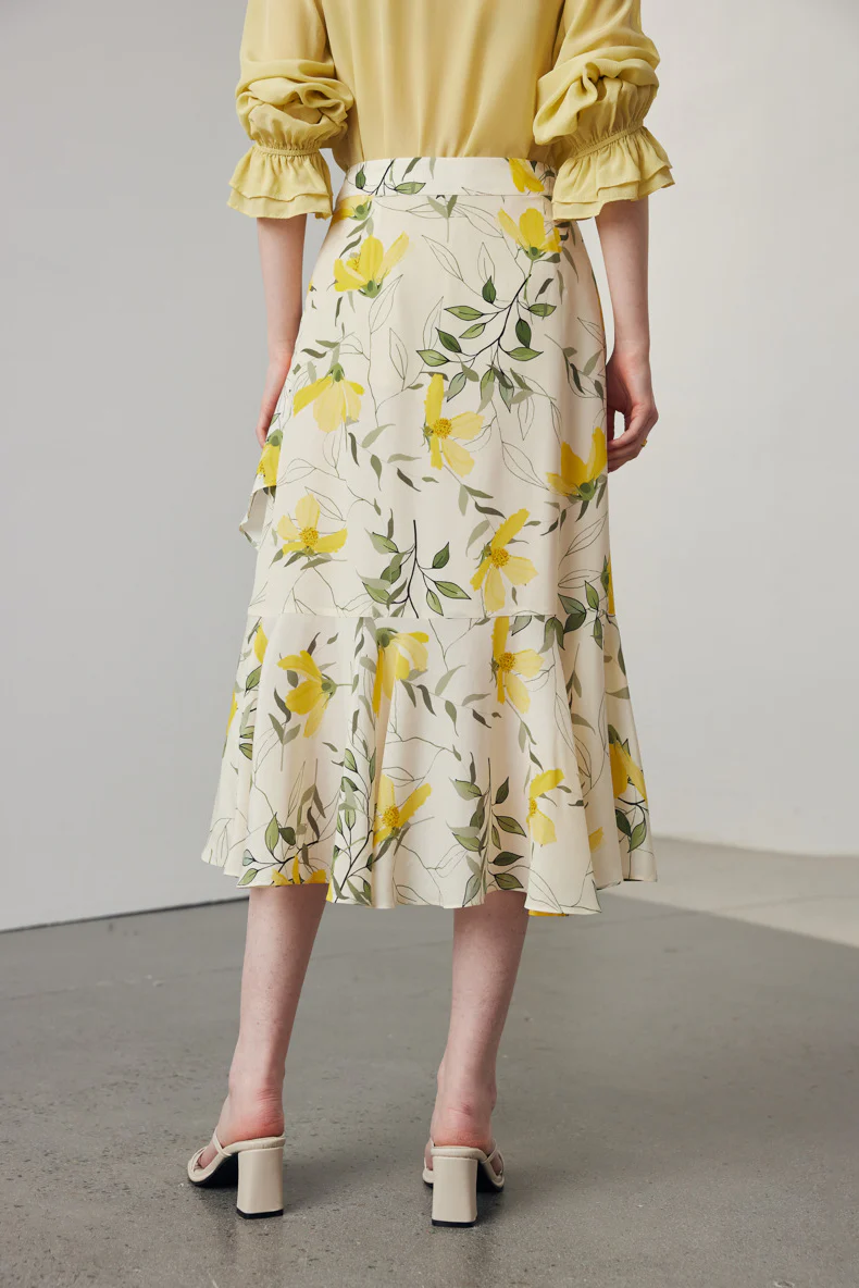 Asymmetric Silk Ruffled Floral Midi Skirt - HBQMJX